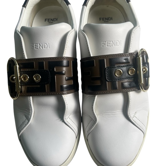 Fendi Shoes - Fendi Roma White & Brown Buckle Sneakers
